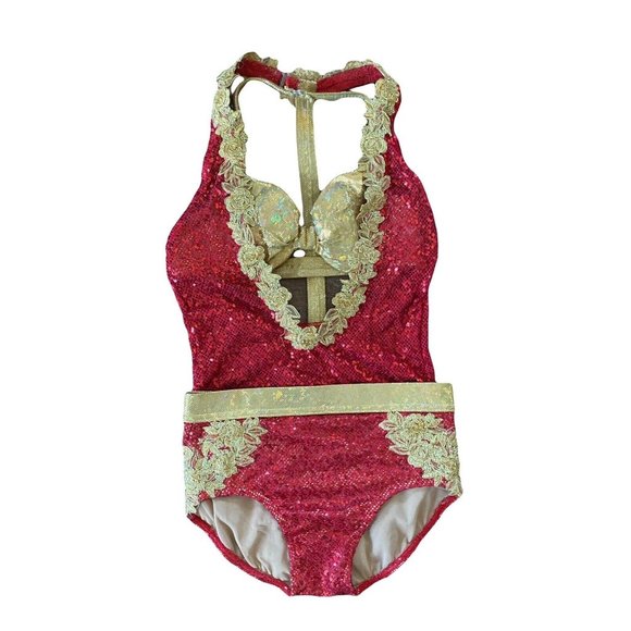 custom made adult xs/s jazz/musical theater dance costume red and gold - Picture 2 of 10